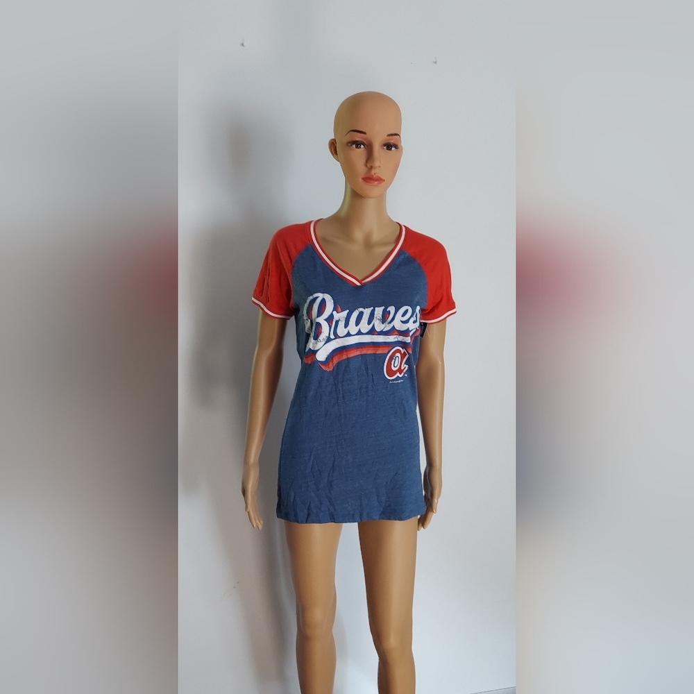 Vibrant Blue and Red V-Neck Short Sleeve Shirt by New Era Genuine Merchandise™"